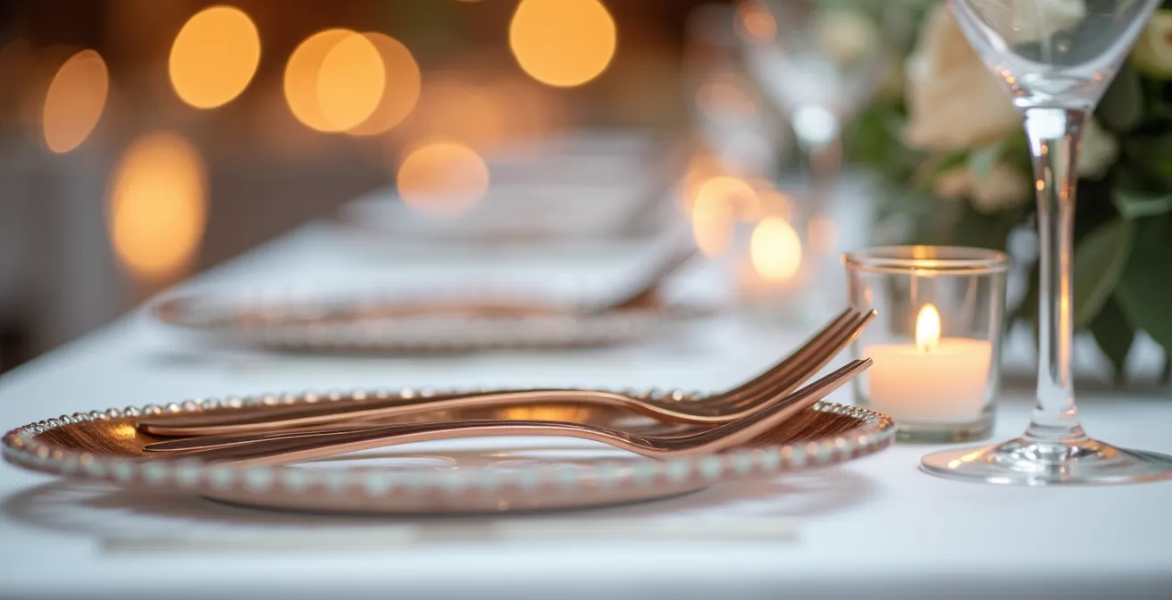 Close-up of a modern wedding table setting featuring the interplay of transparent acrylic elements with metallic accents creating sophisticated industrial elegance