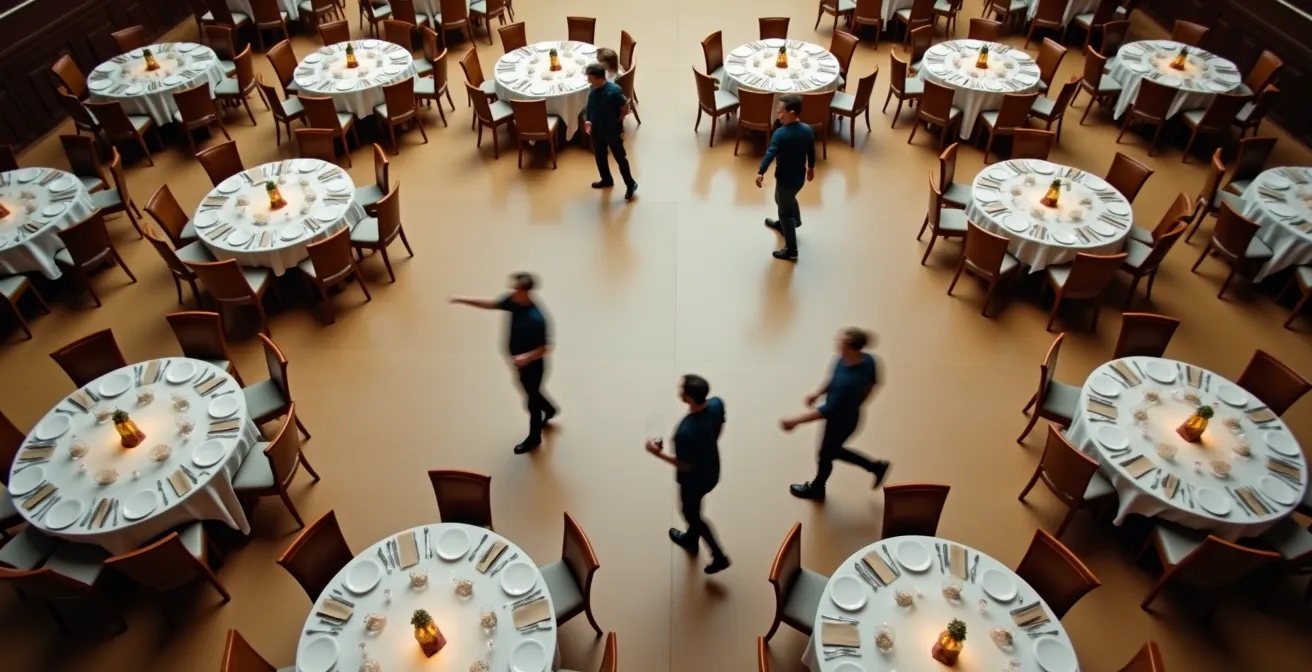 Bird's eye view of dining room showing optimal service lane configuration