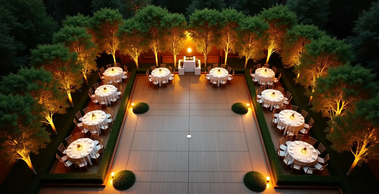 Aerial view of wedding reception showing strategic tree placement creating forest zones while maintaining clear sightlines