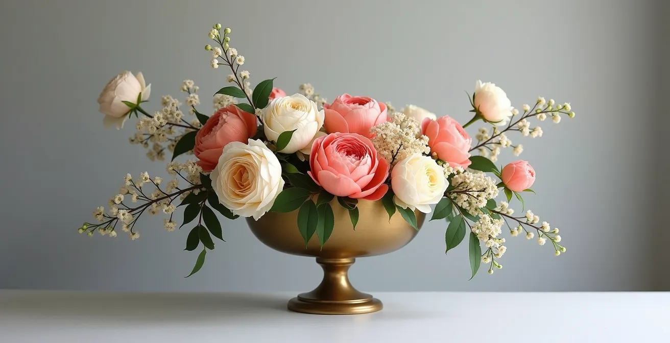 Artistic S-curve floral arrangement in footed gold compote showing visual balance