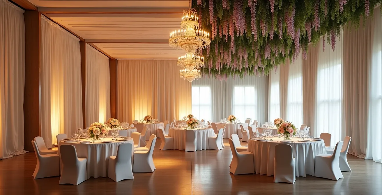 Elegant ballroom transformed with dramatic wisteria ceiling and custom lighting