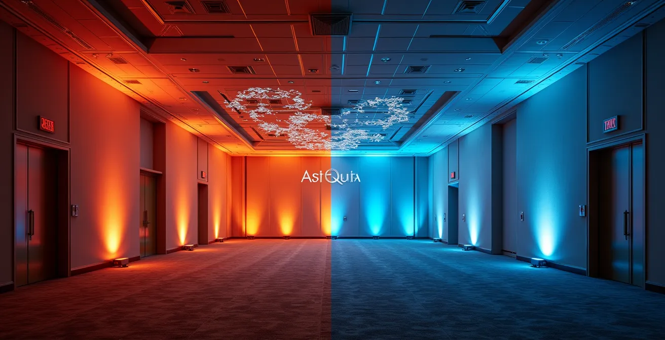 Generic ballroom dramatically transformed with strategic uplighting creating distinct zones and visual hierarchy