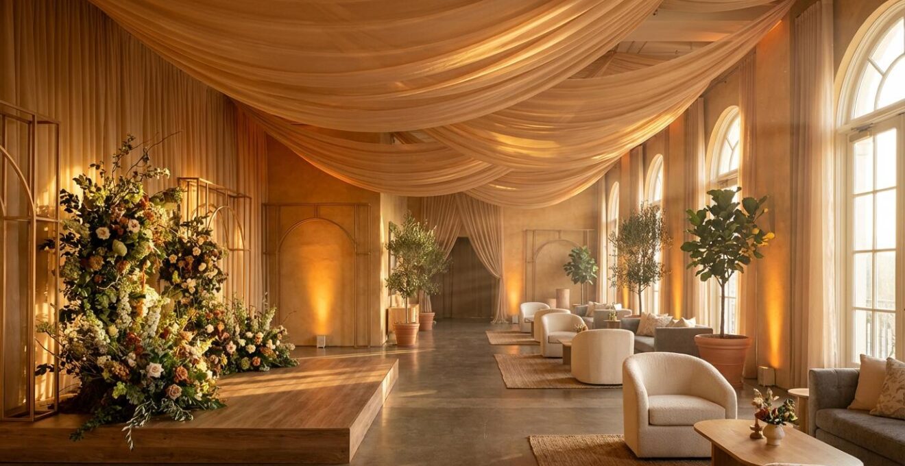 Dramatic wide-angle view of an elegantly transformed ballroom with layered lighting, draped fabric ceiling, and strategically placed focal points creating intimate zones within the grand space