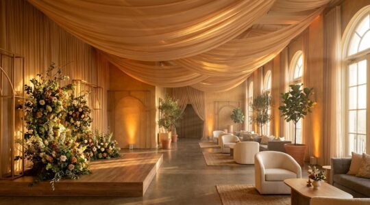 Dramatic wide-angle view of an elegantly transformed ballroom with layered lighting, draped fabric ceiling, and strategically placed focal points creating intimate zones within the grand space