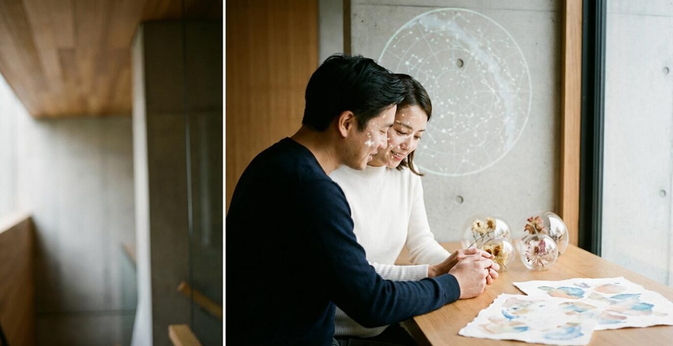 Elegant couple examining constellation map in minimalist wedding venue with soft ambient lighting