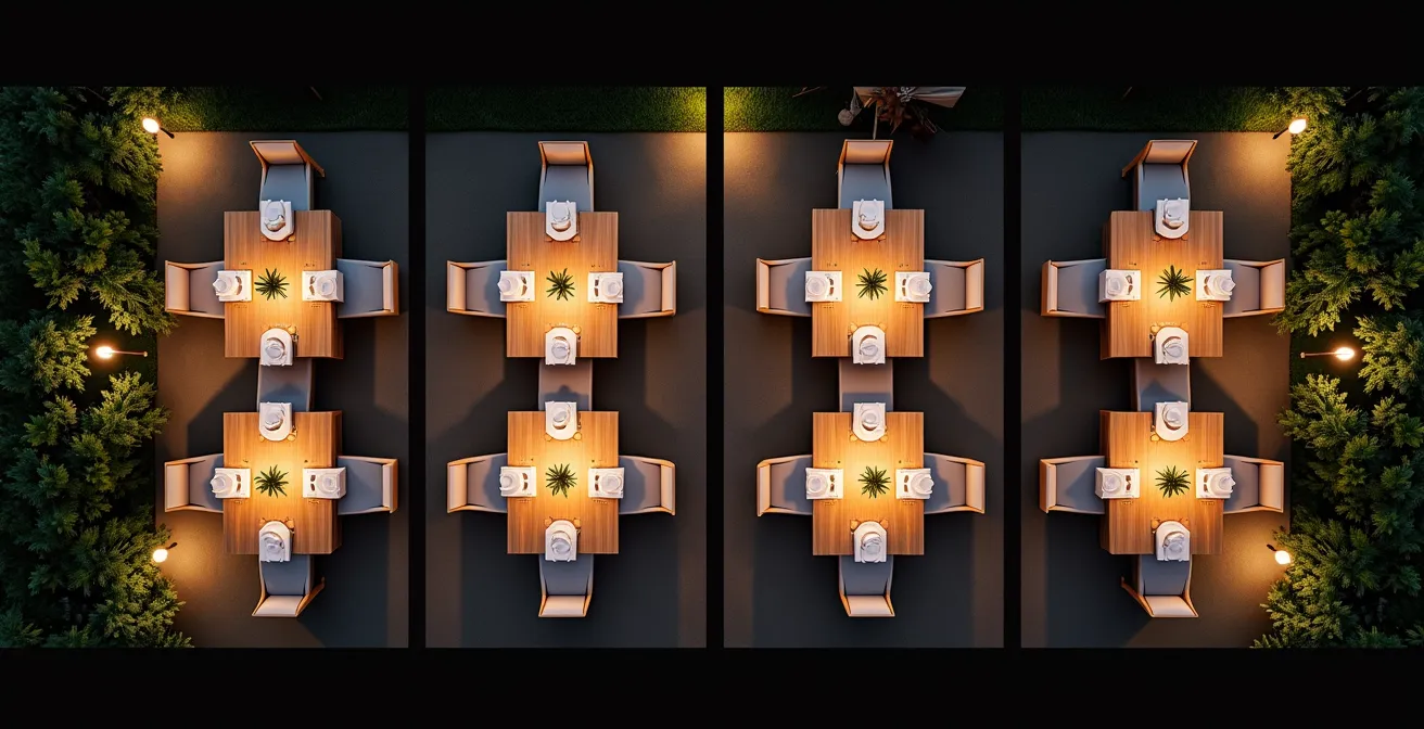 Aerial view comparing different bistro string light patterns over outdoor dining spaces