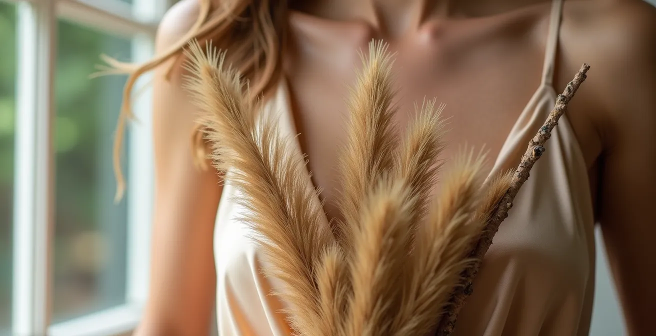 Close-up of bride's minimalist dress fabric contrasting with wild bohemian bouquet textures