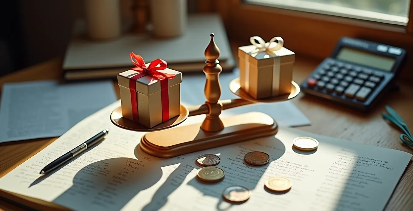 Elegant workspace with gift boxes, a calculator, and planning materials for bridesmaid gift budgeting