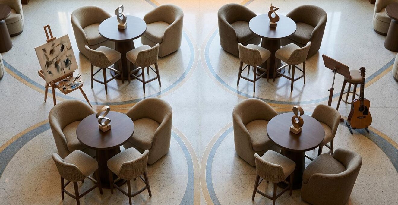 Aerial view of cocktail hour setup with multiple seating clusters and interactive stations