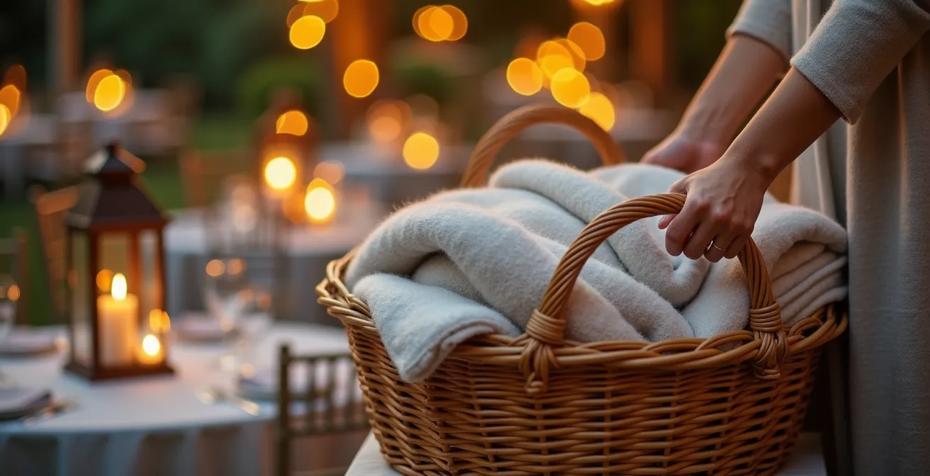 Elegant basket display of folded blankets with warm lighting at outdoor evening reception