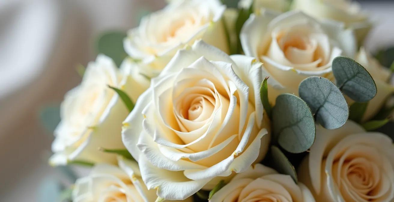 Close-up of bridal bouquet combining bleached white dried palm fronds with cream fresh roses and preserved eucalyptus bridge elements