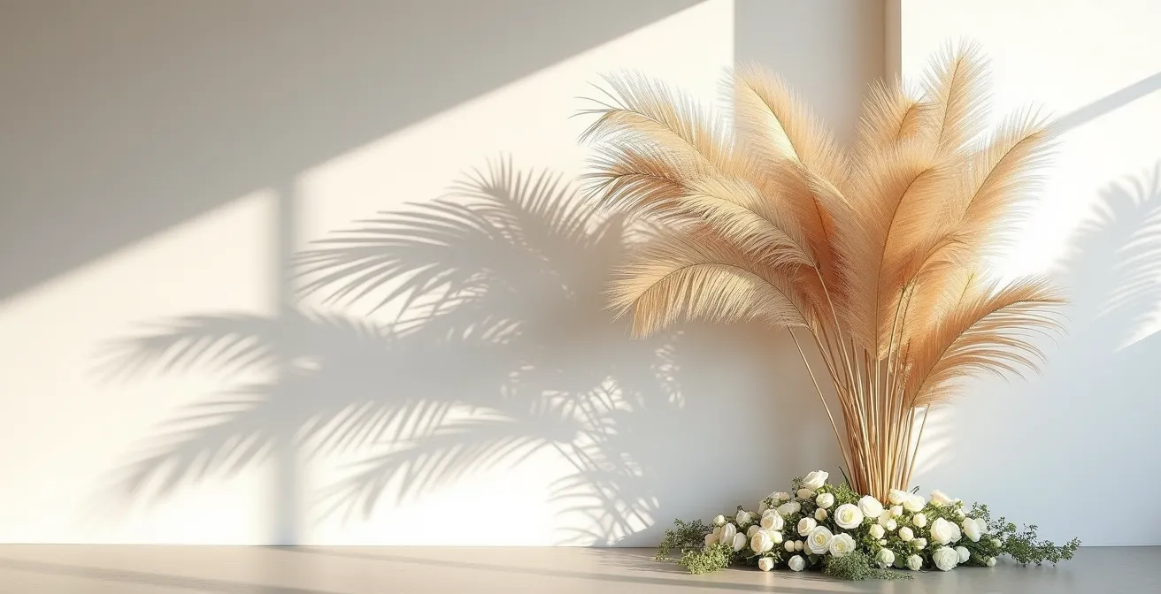 Sculptural dried palm installation at a modern wedding creating dramatic light and shadow patterns against minimalist white walls