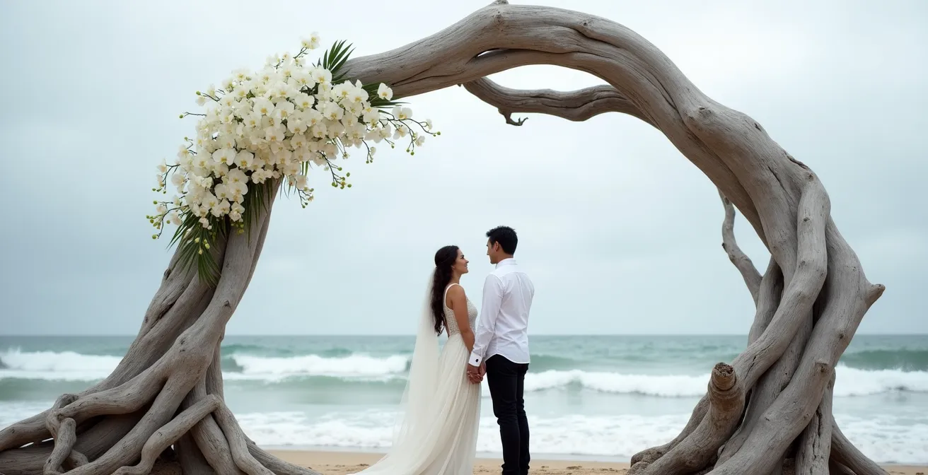 Minimalist driftwood wedding arbor with cascading white orchids on a beach