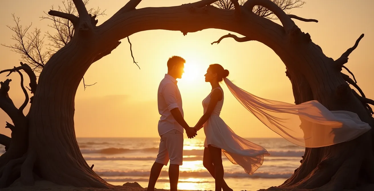 Driftwood wedding arch with flowing white fabric against ocean horizon at sunset