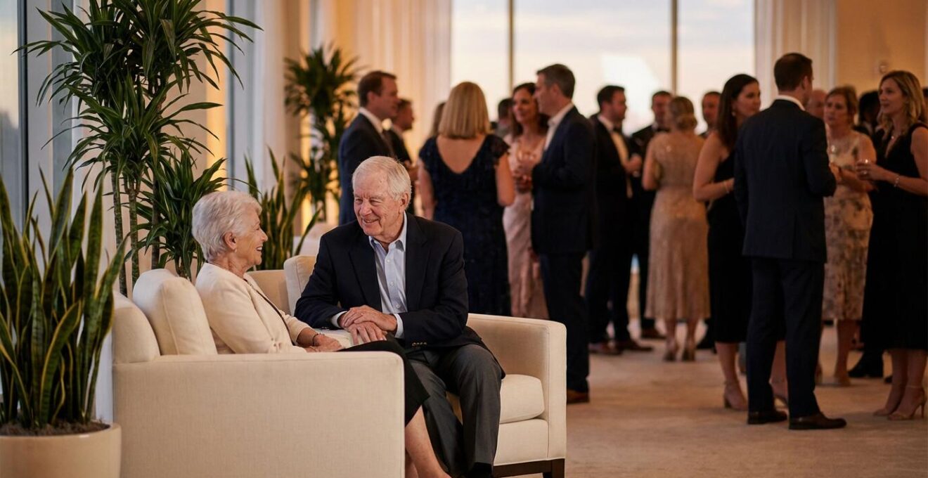 Comfortable seating arrangement with armchairs and acoustic buffers for elderly wedding guests