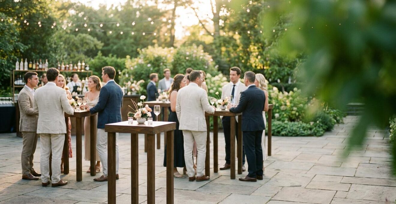 Elegant outdoor cocktail hour setup with guests mingling, craft cocktails, and sophisticated decor