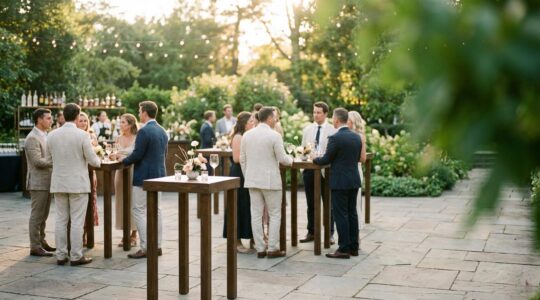 Elegant outdoor cocktail hour setup with guests mingling, craft cocktails, and sophisticated decor