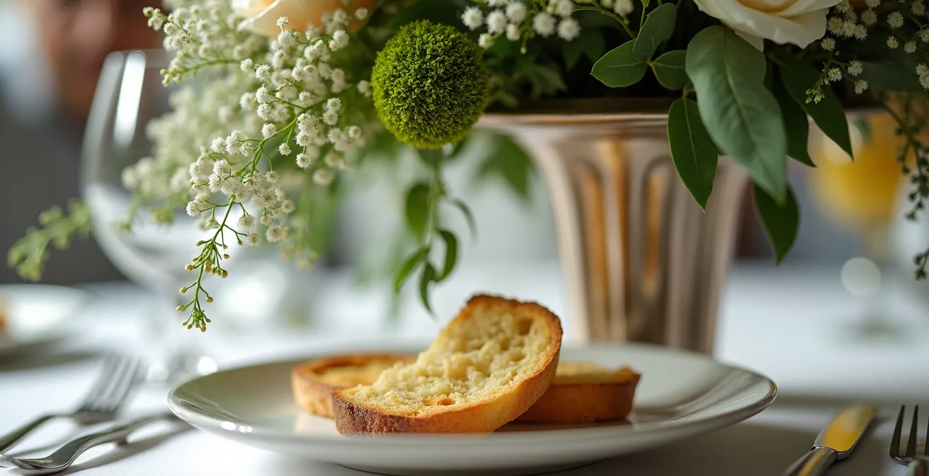 Tall slender floral arrangement creating space underneath for bread plates