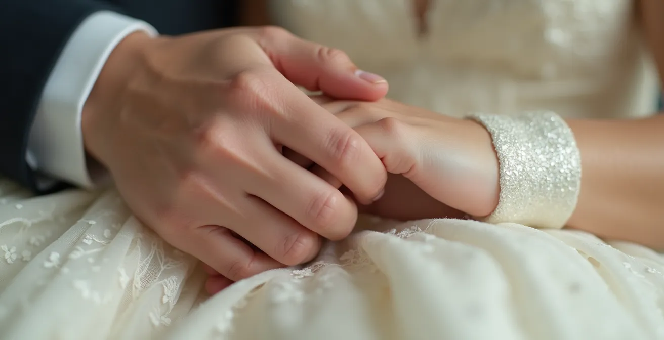 Close-up of hands demonstrating the forearm cradle technique for holding a heavy cascade bouquet