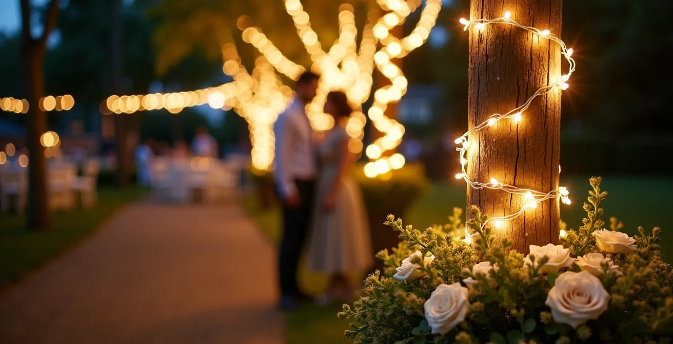 Support poles transformed into decorative elements with fairy lights and floral arrangements