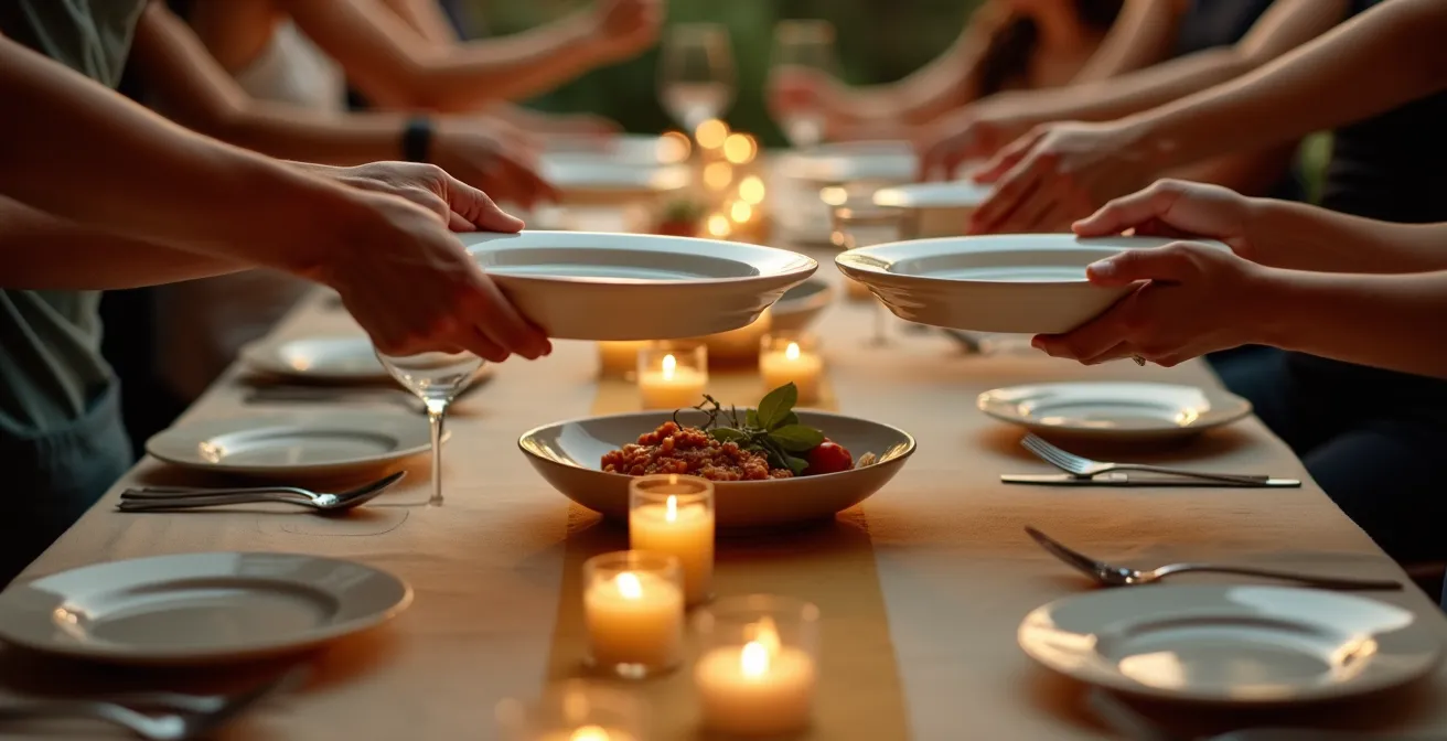 Overhead view of banquet table showing strategic platter placement zones for family-style dining