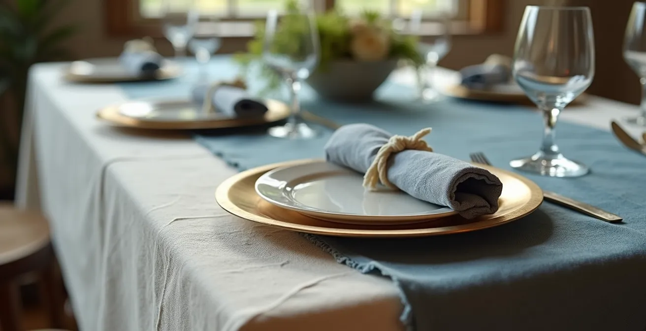 Rustic farm table showcasing professional linen layering with tablecloth and runner combination