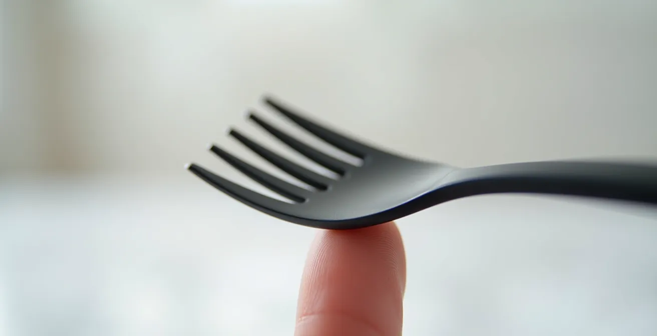 Close-up demonstration of testing flatware balance on finger