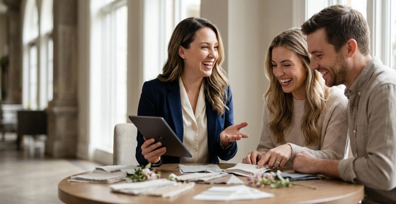 Wedding planner consulting with engaged couple in an elegant venue setting with natural light