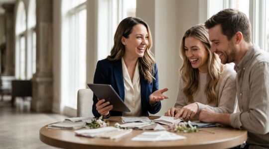 Wedding planner consulting with engaged couple in an elegant venue setting with natural light