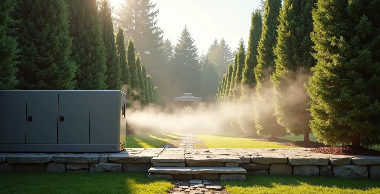 Garden wedding showing strategic generator placement behind natural barriers