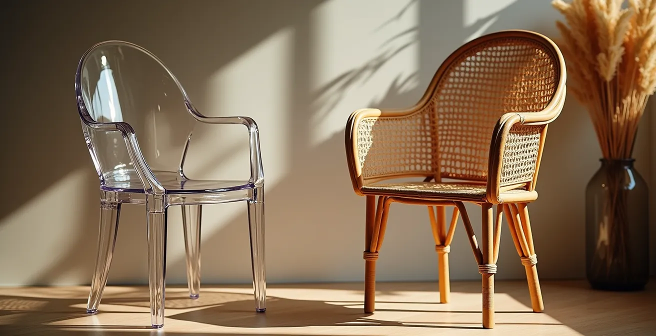 Wedding ceremony setup mixing transparent ghost chairs with ornate peacock chairs