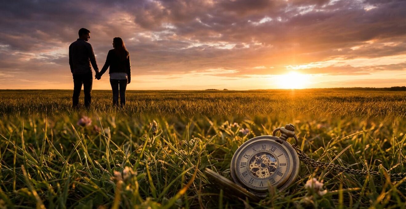 Couple silhouetted against warm sunset light with clock overlay showing golden hour timing