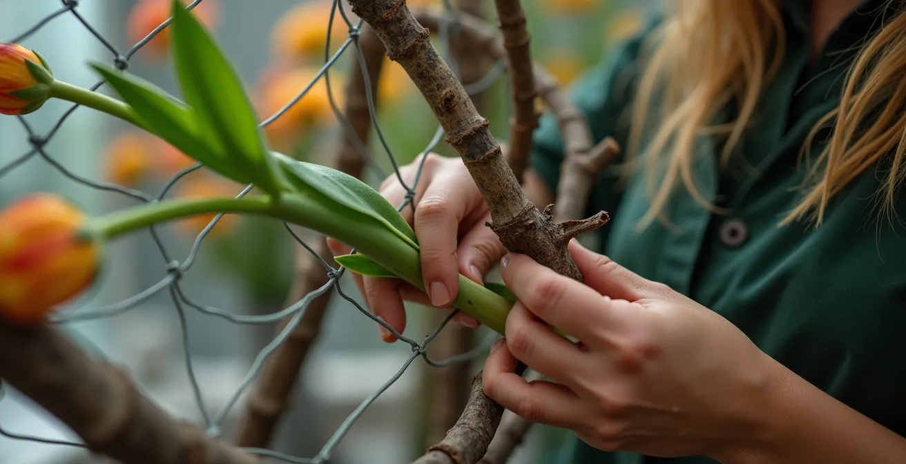 Technical view of sustainable floral armature using chicken wire and branches