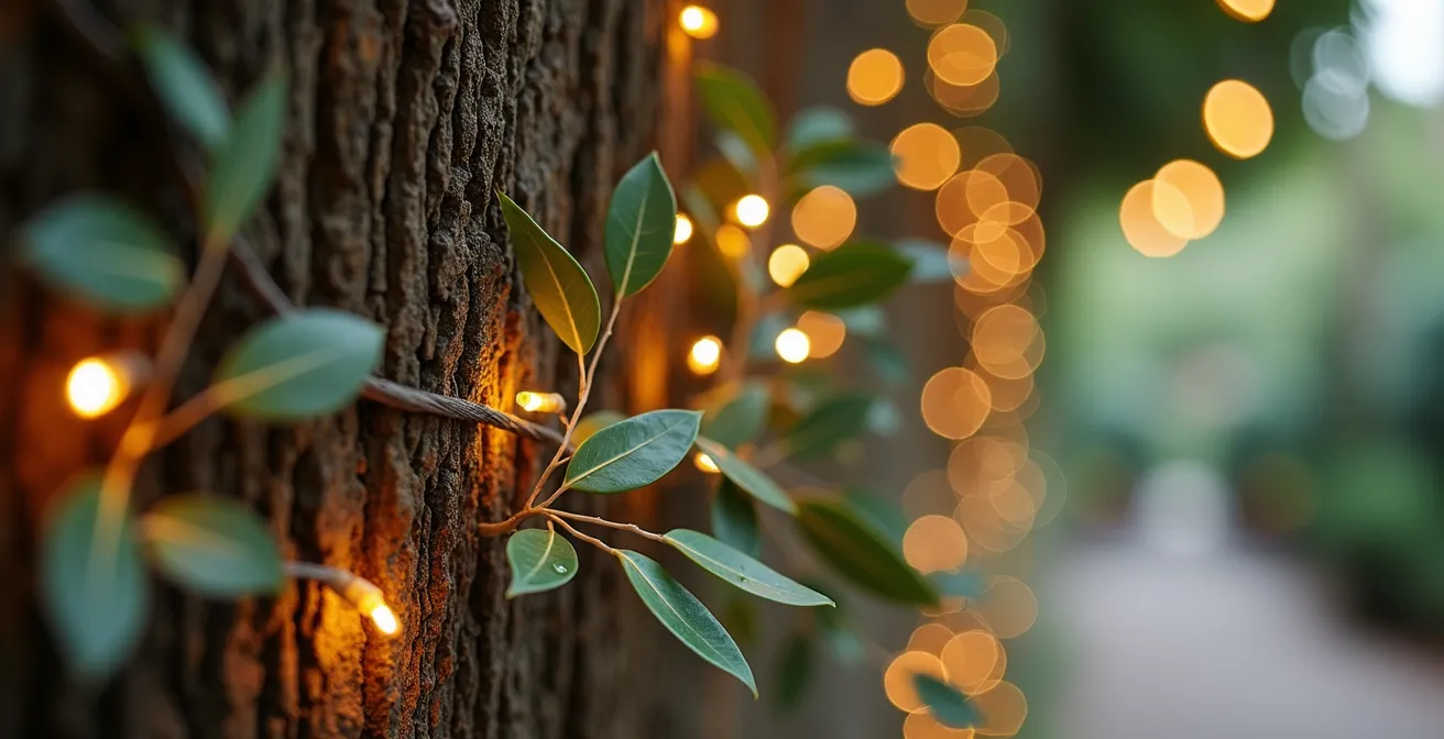 A close-up of a realistic fabricated tree trunk base artfully dressed with fresh eucalyptus branches and fairy lights for a wedding.