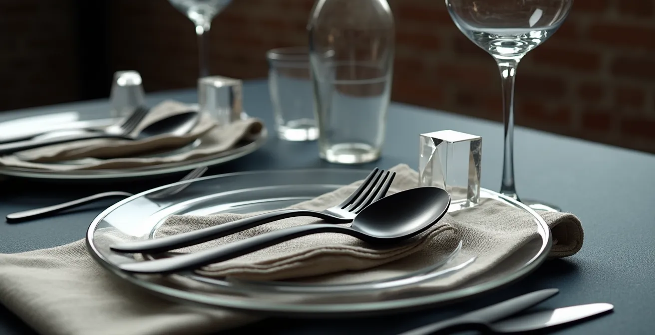 Modern wedding table with acrylic chairs and matte black flatware