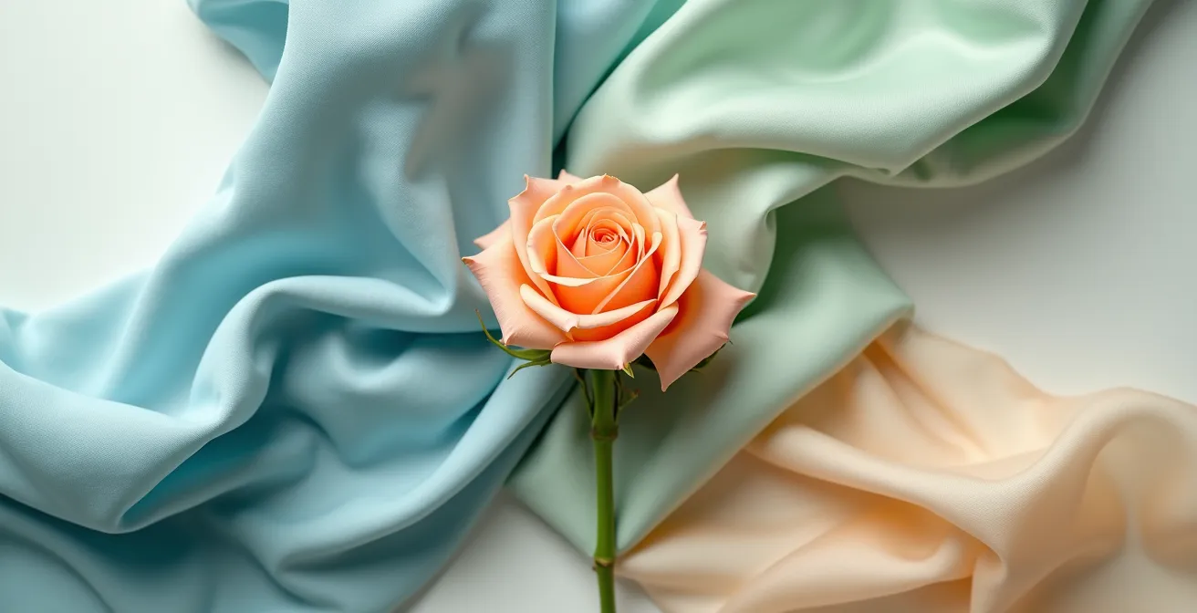 Juliet rose against various fabric swatches in complementary bridesmaid dress colors