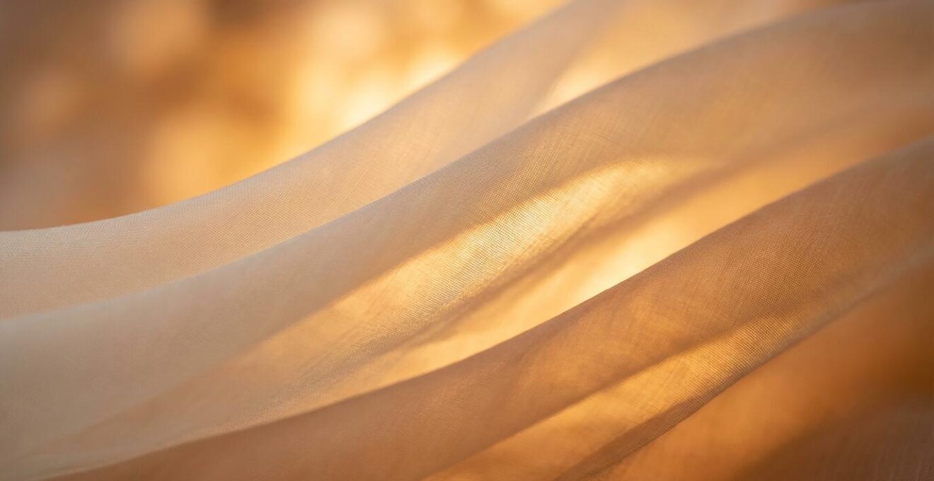 Multiple layers of sheer fabric with dramatic backlighting creating ethereal glow