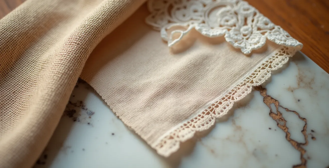 Close-up of layered textures on a wedding table showing various materials and finishes