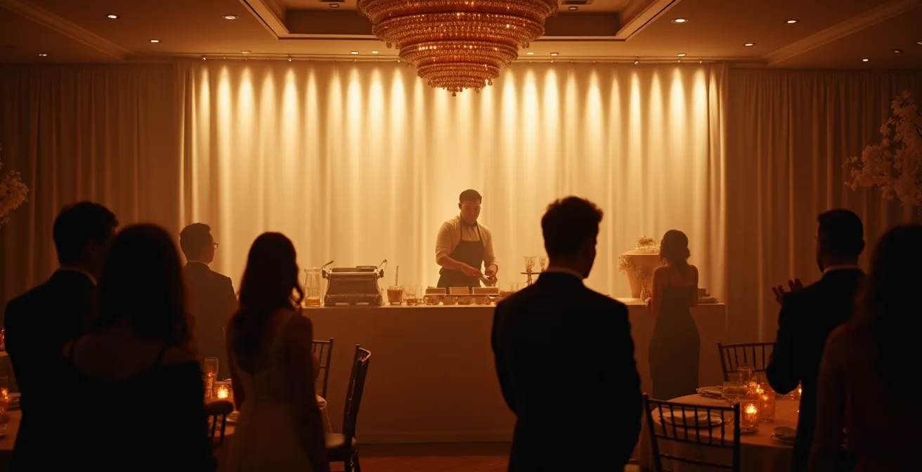 An innovative light curtain creating an invisible backstage area in a transparent wedding tent