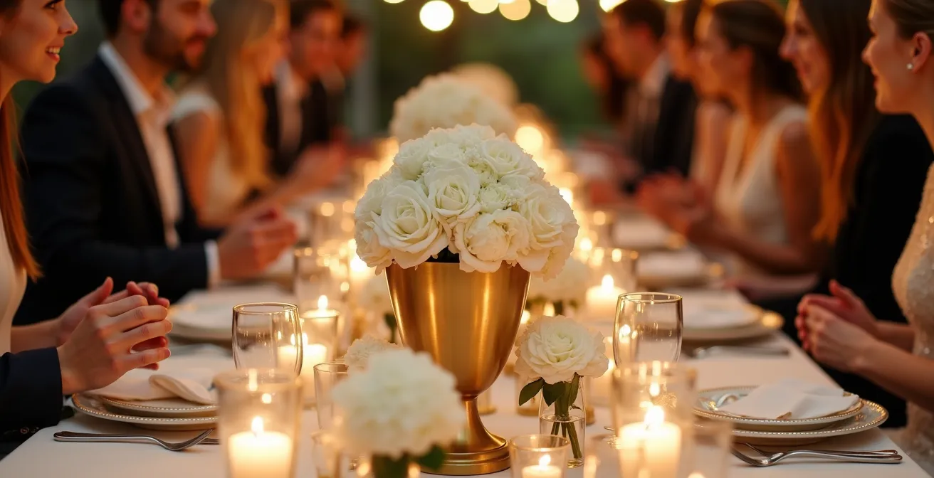 Elegant long reception table with gold compotes and clustered bud vases creating visual rhythm
