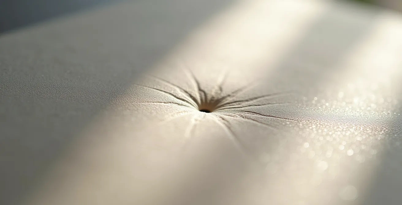 Extreme close-up of 600gsm cotton paper showing deep letterpress impression texture