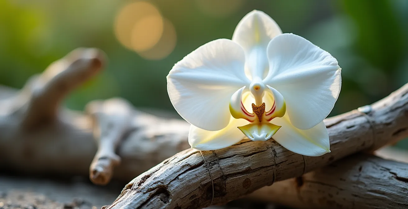 Extreme close-up of white orchid attached to weathered driftwood using clear fishing line technique