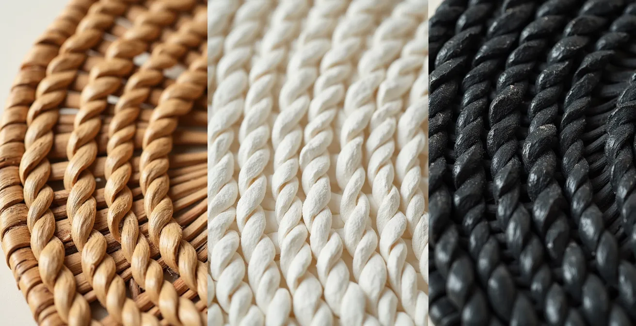 Close-up comparison of natural, whitewashed, and black rattan charger textures