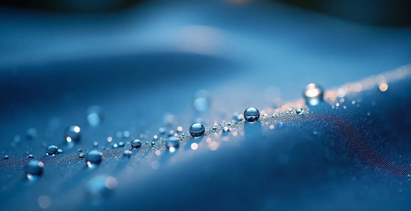 Close-up of dew droplets forming on outdoor table linen at dusk