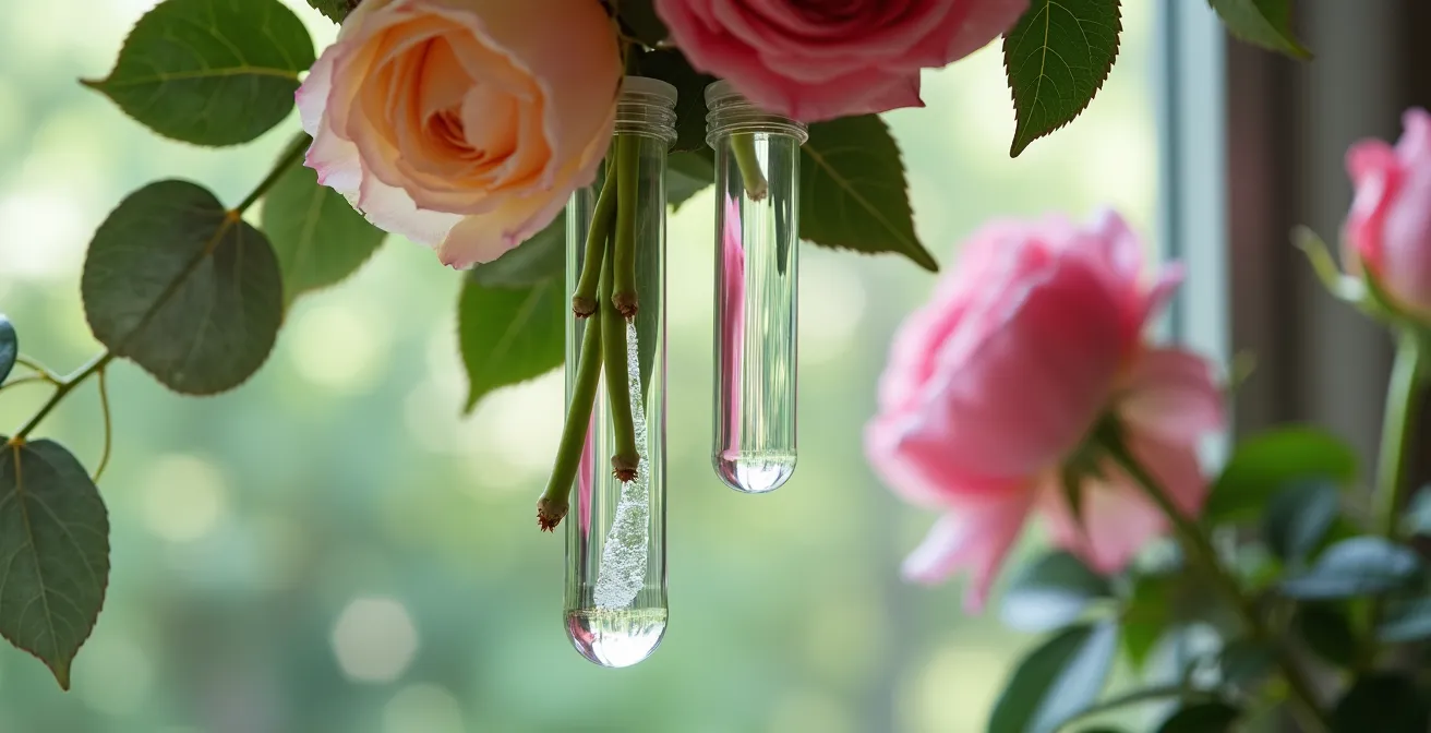 Close-up detail of innovative water tube system attached to suspended floral stems