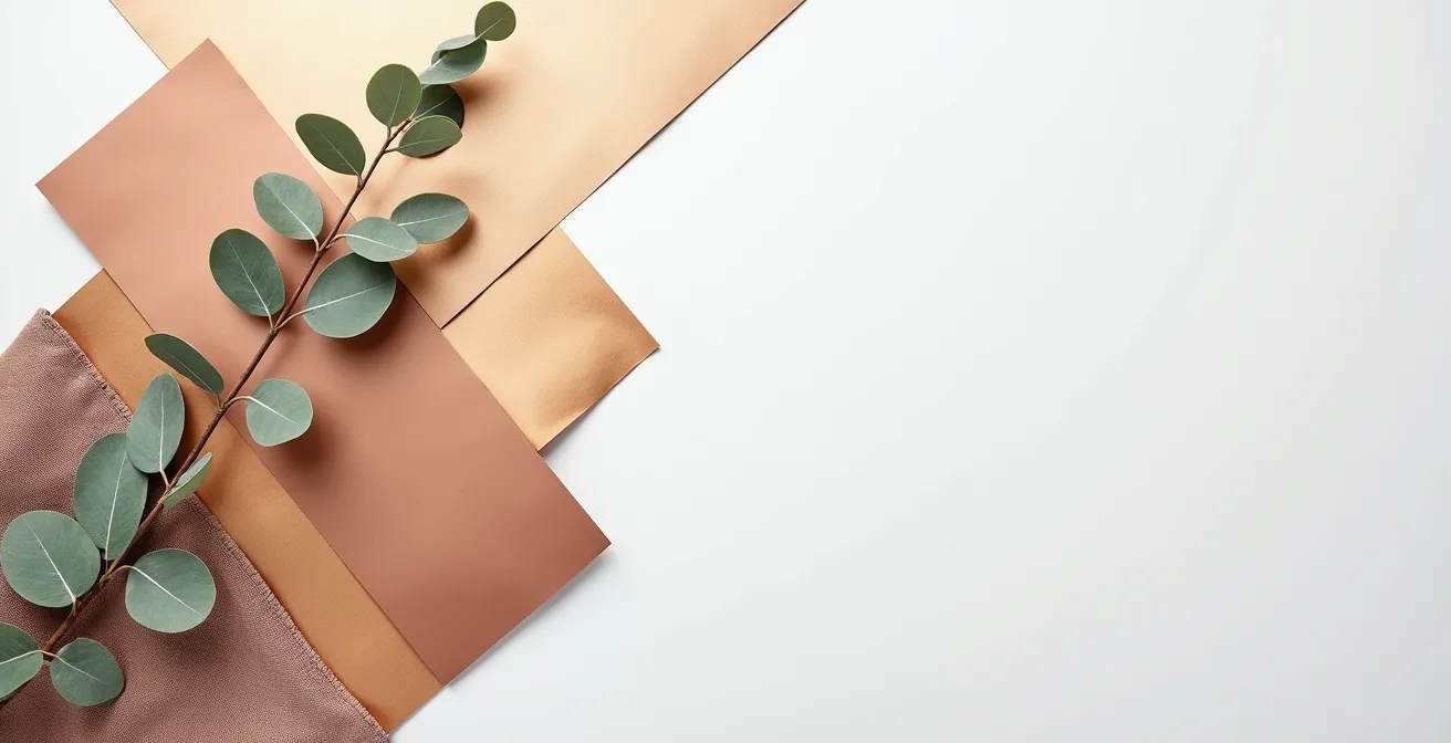 Array of metallic foil samples in rose gold, copper, and brass on wedding color palette cards