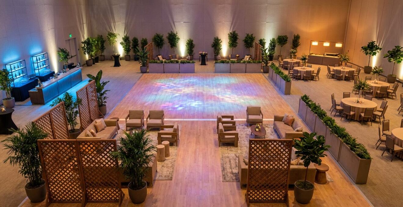 Wide aerial perspective of a ballroom divided into distinct zones using lighting, temporary structures, and furniture groupings creating intimate spaces within the larger venue