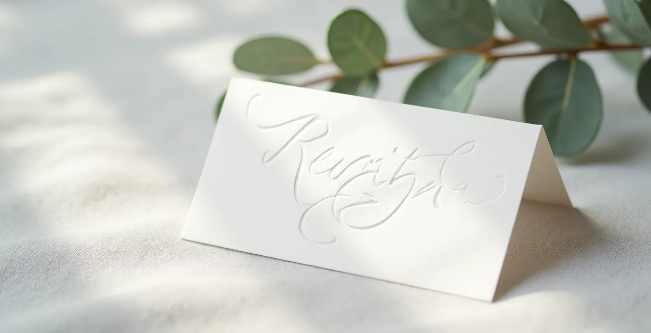 Minimalist wedding invitation featuring blind debossed design elements without ink
