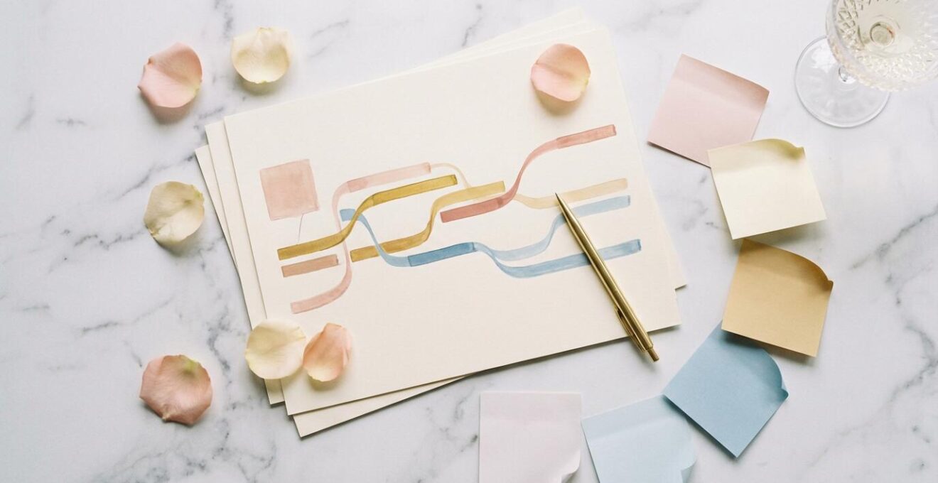 Wedding timeline planning board with colorful time blocks and scheduling elements