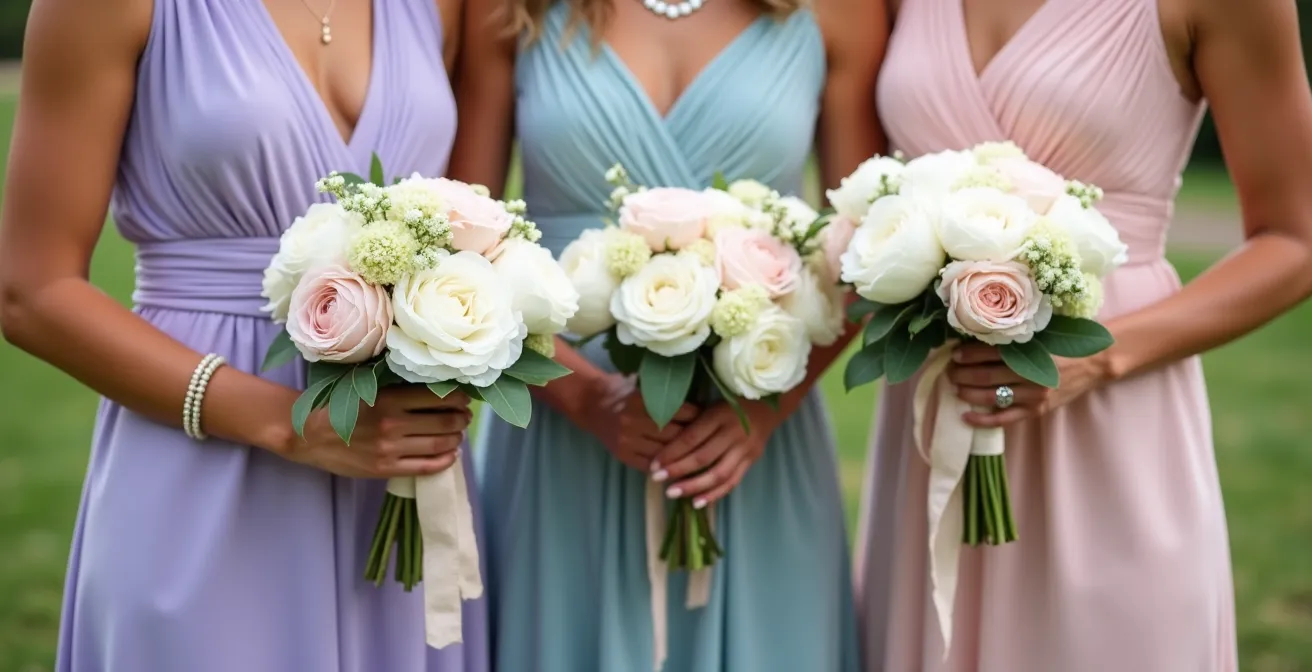 Bridesmaids in different colored dresses holding varied but coordinated posies